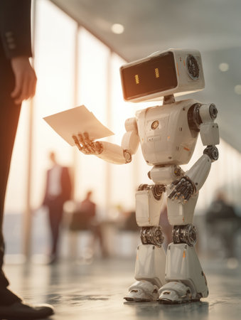 A white robot gives paper to a person in business attire. Office workers are visible in the background.の素材