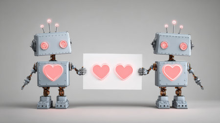 Two small robots stand together, each displaying a heart and holding a sign with two additional hearts.の素材
