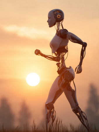 A futuristic robot runs through a peaceful outdoor setting at dusk, with the sun setting in the background.の素材