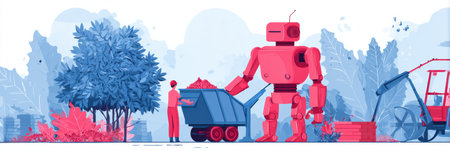 A robot helps a person move soil in a park filled with colorful plants during daylight, showcasing future landscaping.の素材