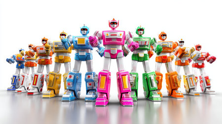 A lineup of colorful robots showcases their unique styles and playful designs in a creative setup.の素材