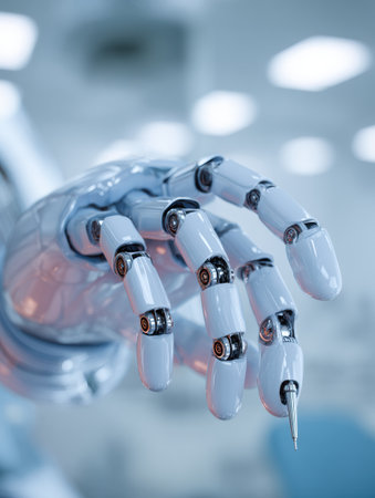 Robotic hand extending with fine detail, highlighting craftsmanship and innovation in a high-tech laboratory.の素材