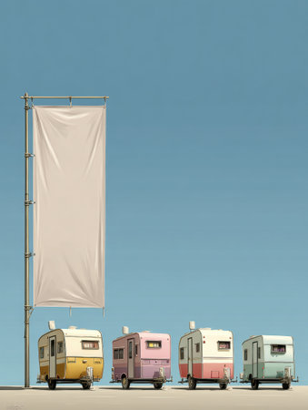 Colorful caravans sit peacefully together under a bright sky, creating a unique spot for gathering or advertising.の素材