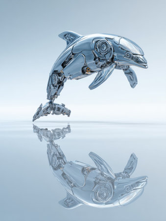 A sleek metallic dolphin leaps above a smooth surface, highlighting advanced design in a serene, futuristic scene.の素材