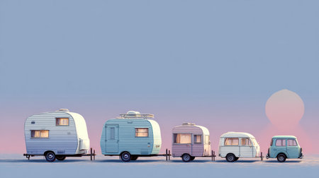 Colorful vintage caravans stand in a row, with soft lighting shining through their windows against a calming sunset sky.の素材