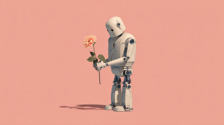 A robot stands calmly holding a flower, showcasing a gentle and peaceful interaction in a modern setting.の素材