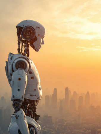 A robotic figure stands on a rooftop, gazing at the city skyline with a beautiful sunset illuminating the scene.の素材