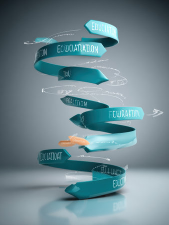 Spiral colorful arrows represent education, curation, and regulation, showing dynamic ideas creatively.の素材