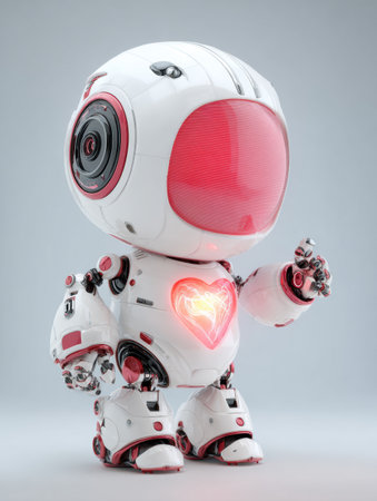 A charming robot with a heart design stands playfully, featuring a glossy finish and bright colors.の素材