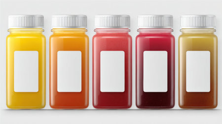 Vibrant juice bottle varieties are neatly arranged, each featuring a blank label for custom branding.の素材