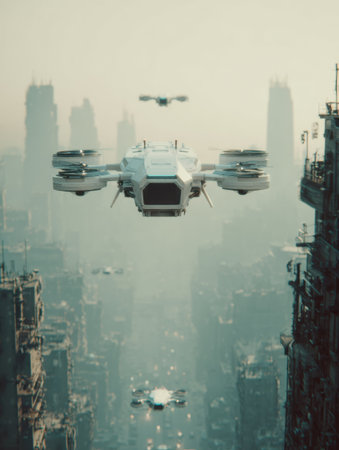 Drones are flying in a dense, futuristic cityscape with high-rise buildings. It is during the day and the air is foggy.の素材