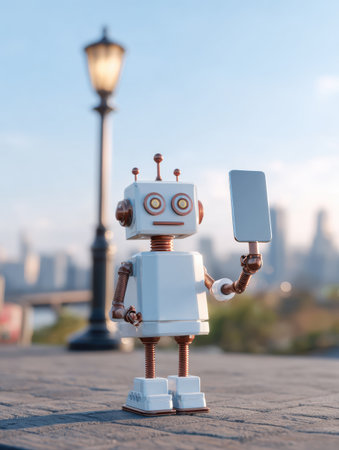 A small robot in a city park holds a blank sign, with a lamp post and skyline under clear skies.の素材
