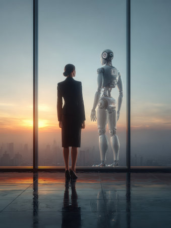 A woman watches a humanoid robot through a large window as the sun sets over the city skyline.の素材
