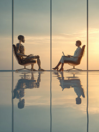 A robot and a human chat at sunset, pondering the future of technology in a modern setting.の素材