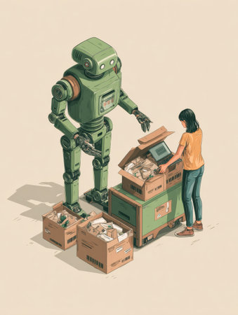 A woman sorts through boxes while a robot helps in a clean, modern office environment during the day.の素材