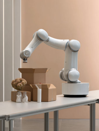 Robot arm over boxes/decor indoors. Possibly assembling or packaging.の素材