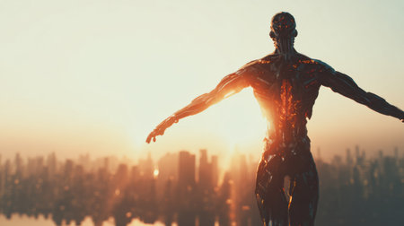 A humanoid figure stands with arms outstretched, silhouetted by a vibrant sunset over a sprawling city skyline.の素材