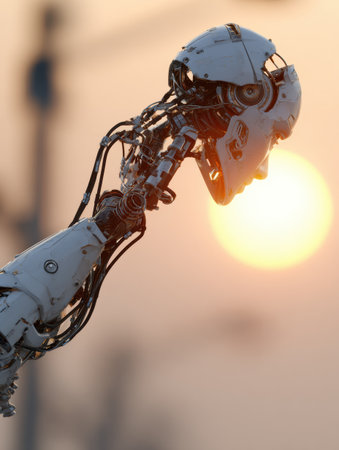A robot arm stretches towards the sun, highlighting a blend of technology and nature during sunset in an urban setting.の素材