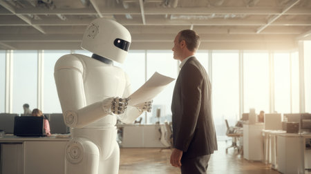 A white robot holds papers, facing a man in a suit. They are in an office with other workers and computers.の素材