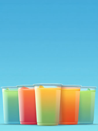 Brightly colored drinks sit in clear cups, showcasing vibrant hues in a joyful atmosphere under a sunny sky.の素材