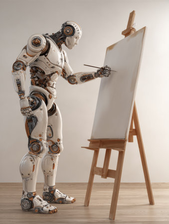 A humanoid robot paints on a blank canvas in a bright, minimalist studio, blending creativity with technology.の素材