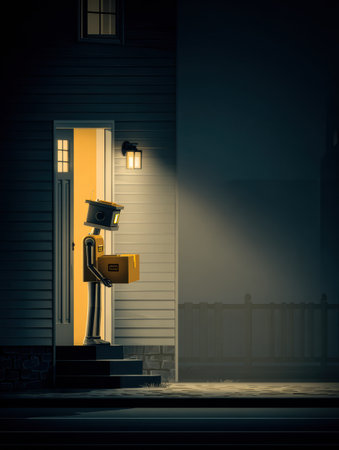 A robot stands at a front door in a suburban setting, holding a package. The scene is illuminated by soft porch light.の素材