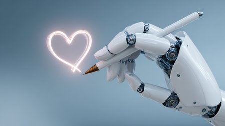 A robotic hand uses a pen to create a heart shape glowing softly in front of a simple blue backdrop.の素材
