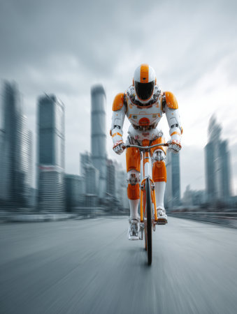 A robot on a bicycle speeds down an urban path, surrounded by modern skyscrapers against a cloudy sky.の素材