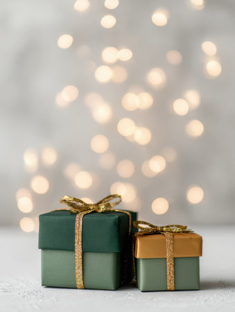 Green and gold gift boxes rest on a white surface, with soft, blurred lights creating a warm holiday vibe.の素材