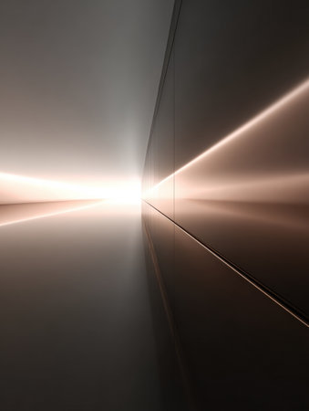 A bright light shines at the end of a sleek corridor, creating an intriguing atmosphere with reflections and shadows.の素材