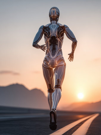 A robot figure is sprinting towards the horizon during sunset with glowing elements against a mountain backdrop.の素材