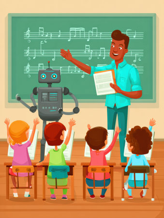 A cheerful teacher and a robot assist children learning music in a colorful classroom setting filled with enthusiasm.の素材