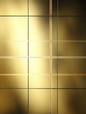 Several shiny gold tiles form a geometric grid. Reflections play across the surface of the metal.の素材