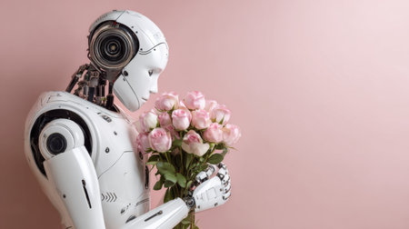A humanoid robot holds pink roses, merging technology and nature in an artistic setting.の素材
