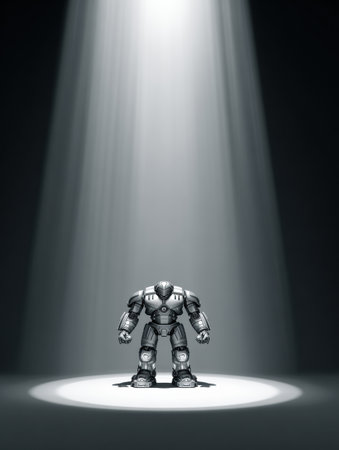 A metal robot figure shines in a spotlight, highlighting its details against a dark background for a dramatic effect.の素材