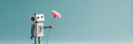 A small robot holds a delicate pink flower against a soft blue backdrop, creating a charming contrast.の素材