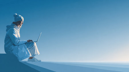Individual engaged in typing on a laptop, seated comfortably against a minimalist backdrop of expansive blue sky.の素材