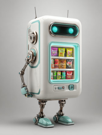 A robot vending machine offers snacks and drinks in a playful, modern style within a neutral space.の素材