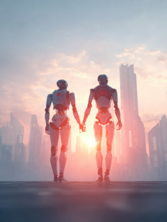 Two humanoid robots stand hand in hand, watching the sun set over a futuristic cityscape.の素材