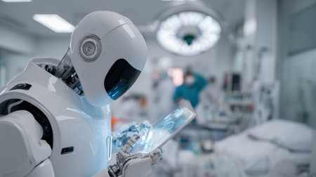 A robotic assistant uses a tablet to review vital patient information, helping medical staff in a busy hospital.の素材