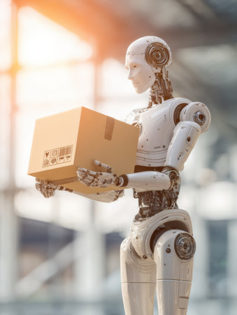 A humanoid robot carefully grips a brown cardboard box in a futuristic warehouse illuminated by warm sunlight.の素材