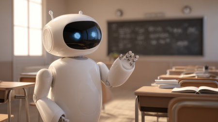 A robot enhances learning by interacting with students in a modern classroom setting.の素材