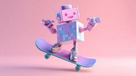 A cheerful robot with a blocky design skillfully rides a skateboard against a soft pink background.の素材