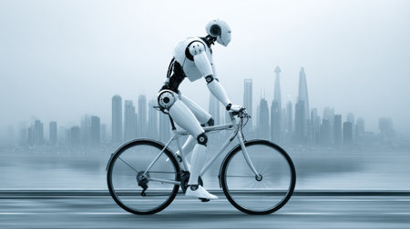 A robot rides a bicycle through an urban environment, with tall buildings shrouded in mist in the background.の素材