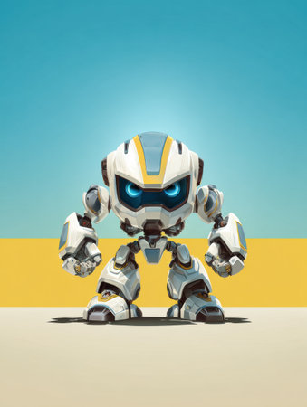 A futuristic robot character displays a confident stance under a clear sky, showing its vibrant design and colors.の素材