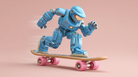 A sleek blue robot skates on a wooden board with pink wheels against a soft pastel background.の素材