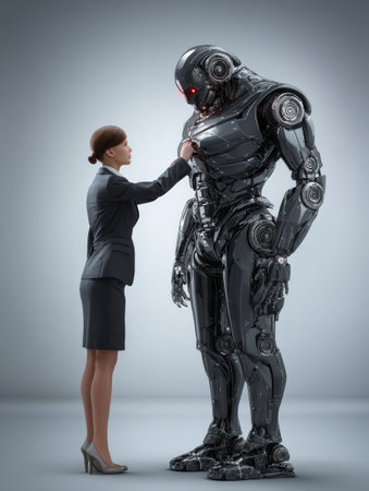 A businesswoman in formal atmosphere is engaging with a sleek robotic figure in a modern environment.の素材