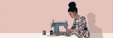 Woman sewing on a vintage machine surrounded by colorful fabrics and spools, showing her creative talent.の素材