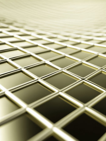 Close-up of a reflective golden grid with square tiles, showing sleek modern architecture.の素材