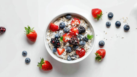 A nutritious breakfast bowl of oats topped with fresh strawberries, blueberries, and blackberries.の素材